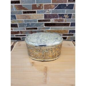 Vintage Jewelry Box Ornate Oval Lined Silver Toned